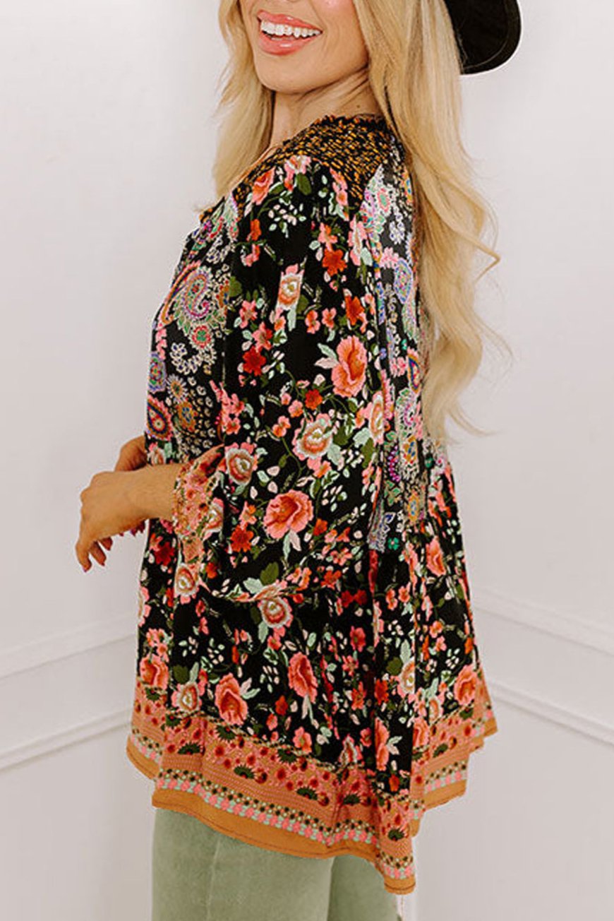 Plus Size Floral V-Neck Bubble Sleeve Blouse