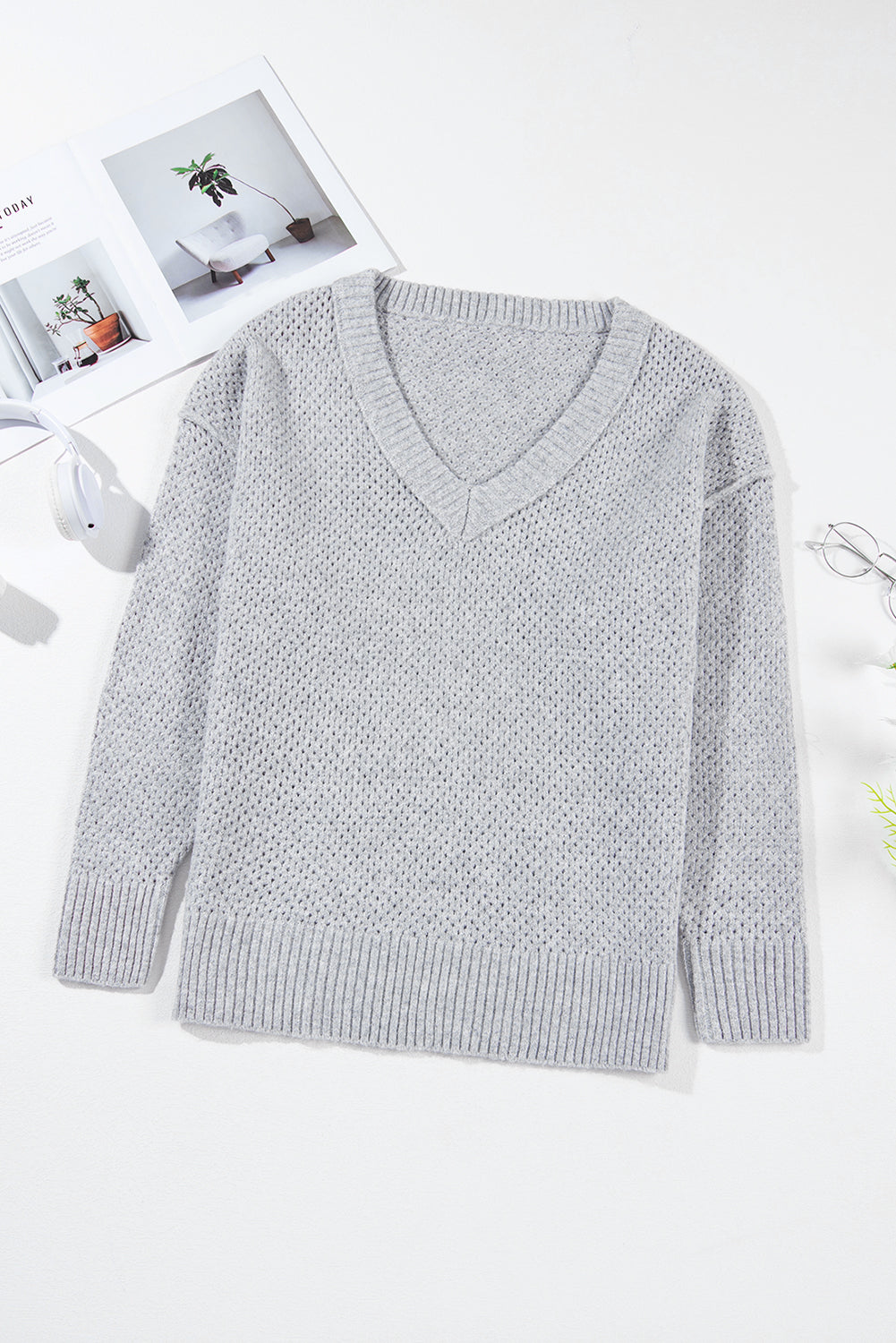 Eyelet V-Neck Drop Shoulder Sweater