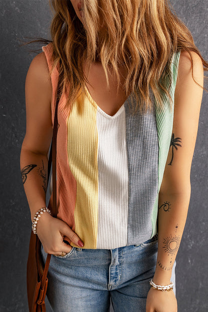 Colorblock Stripe Waffle V-Neck Top