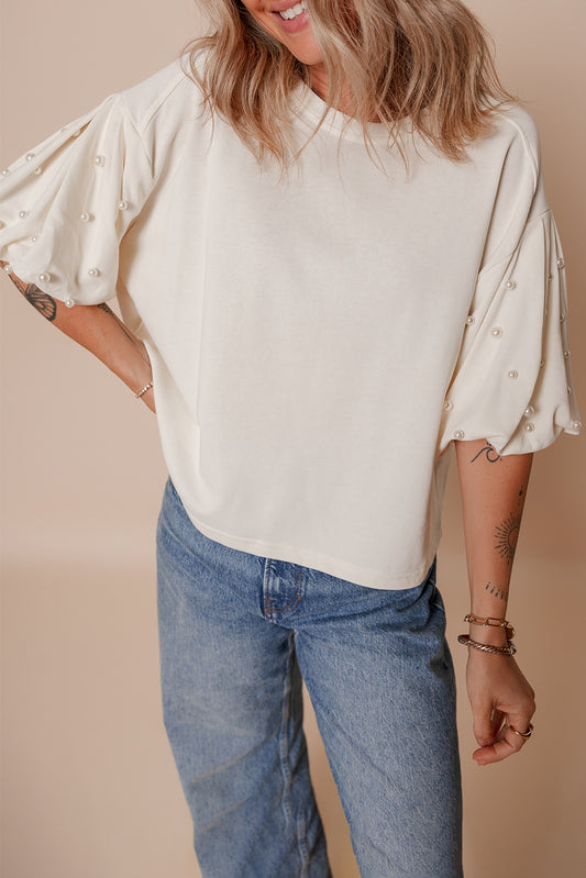 Pearl Puff Sleeve Round Neck Top