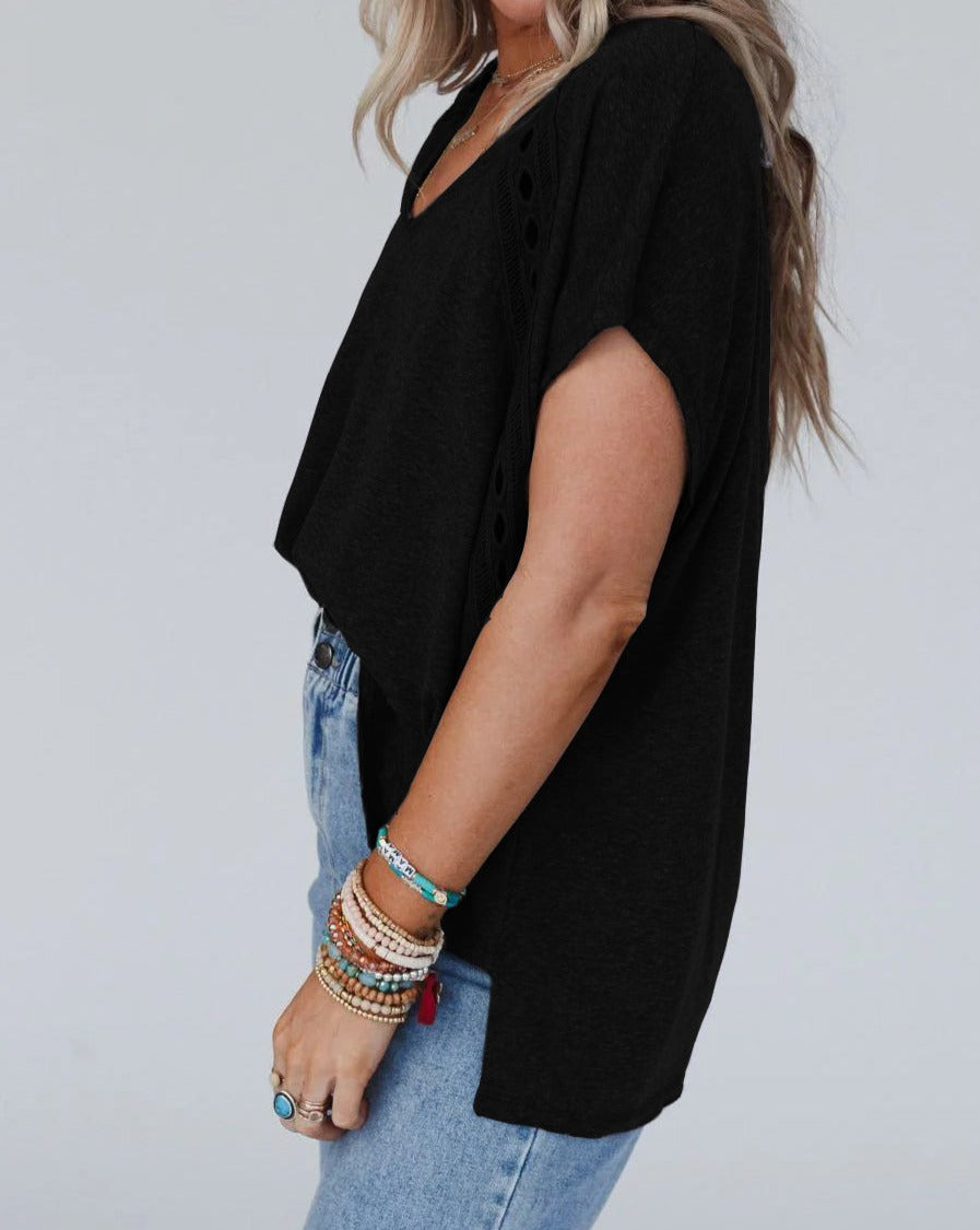 Lace Trim Oversized V-Neck Tee