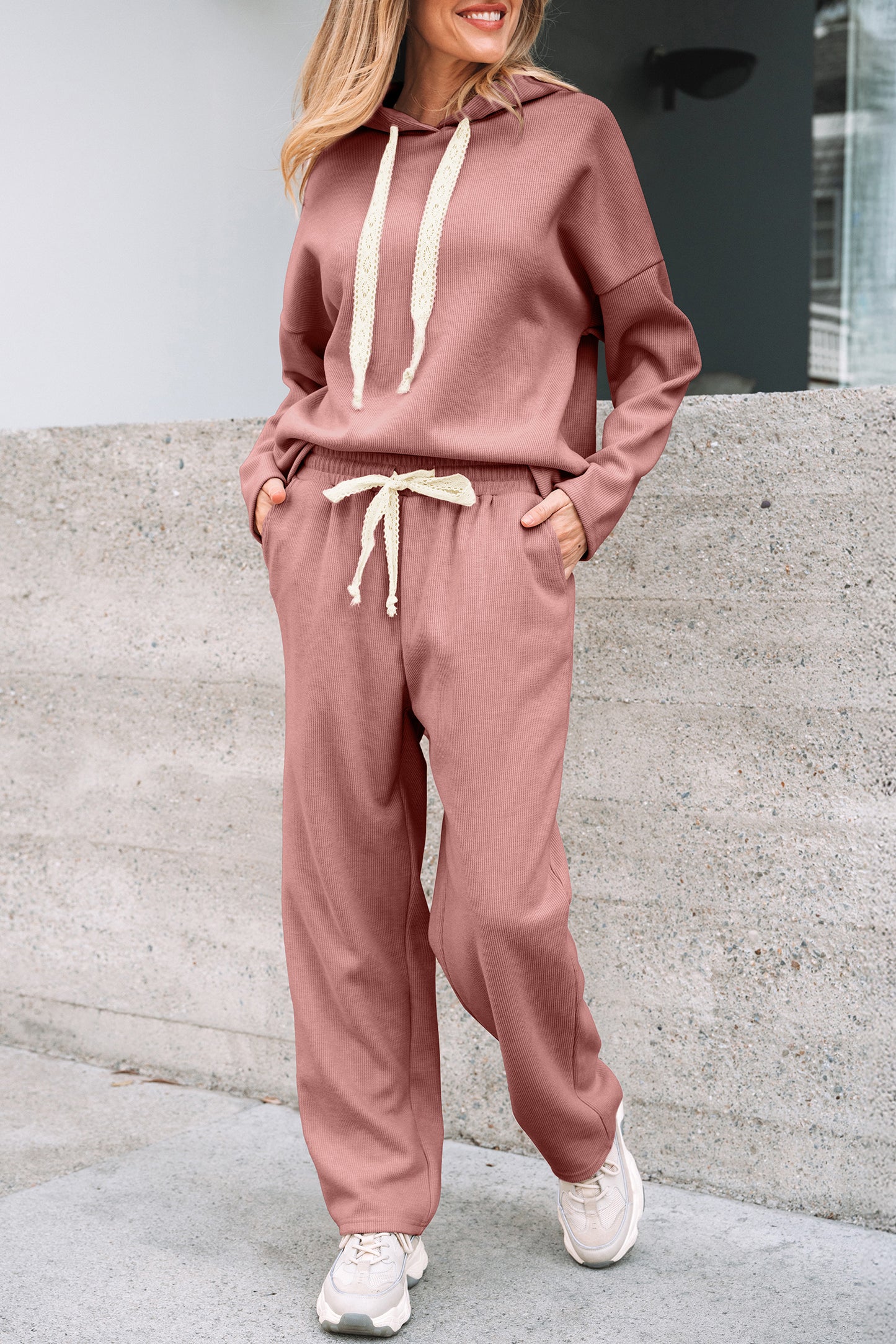 Solid Corduroy Lace Hoodie and Pants Set