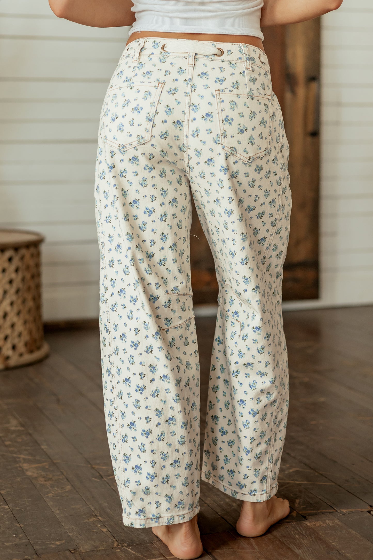 Floral Grommet Knot Waist Barrel Leg Jeans