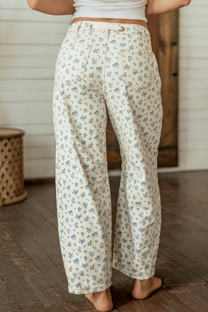 Floral Grommet Knot Waist Barrel Leg Jeans