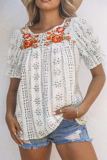 Floral Embroidered Short Sleeve Blouse