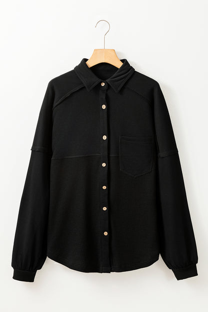 Waffle Knit Patchwork Reverse Seam Button-Up Shacket
