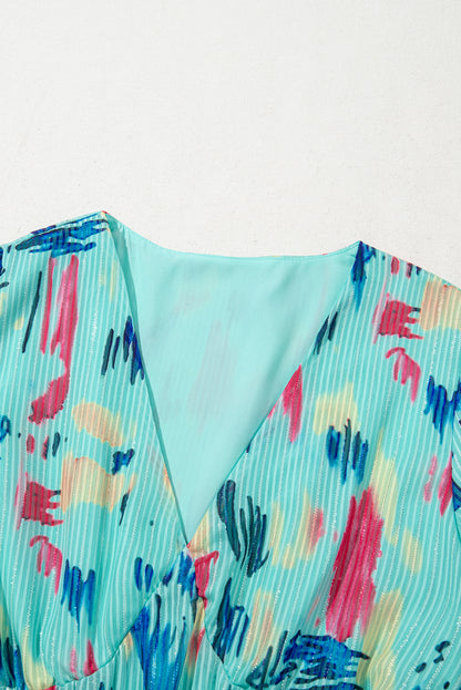 Abstract Short Puff Sleeve Tiered Maxi Dress