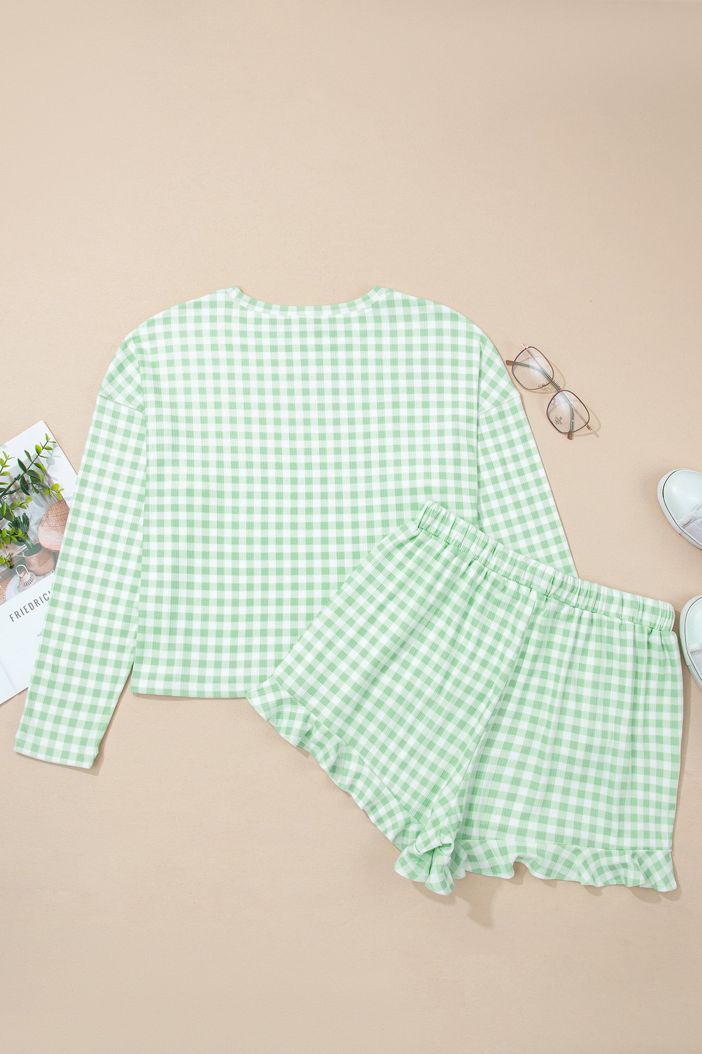 Gingham Long Sleeve Top and Shorts Set