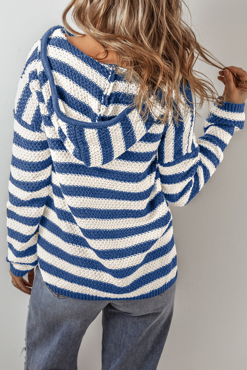 Stripe Drawstring Hooded V-Neck Sweater