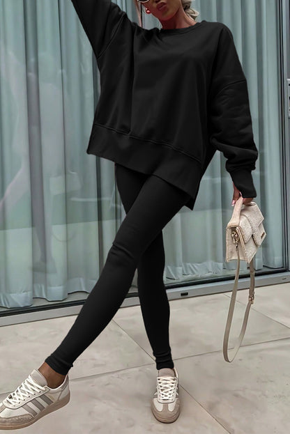 Solid Oversize Sweatshirt and Ribbed Leggings Set