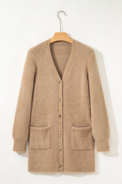 Solid Fuzzy Button-Front Cardigan