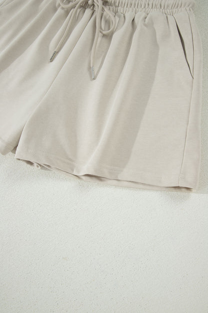 Solid Puff Sleeve Top & Drawstring Shorts Set