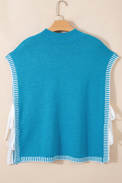 Contrast Stitch Tie Side Mock Neck Sleeveless Sweater