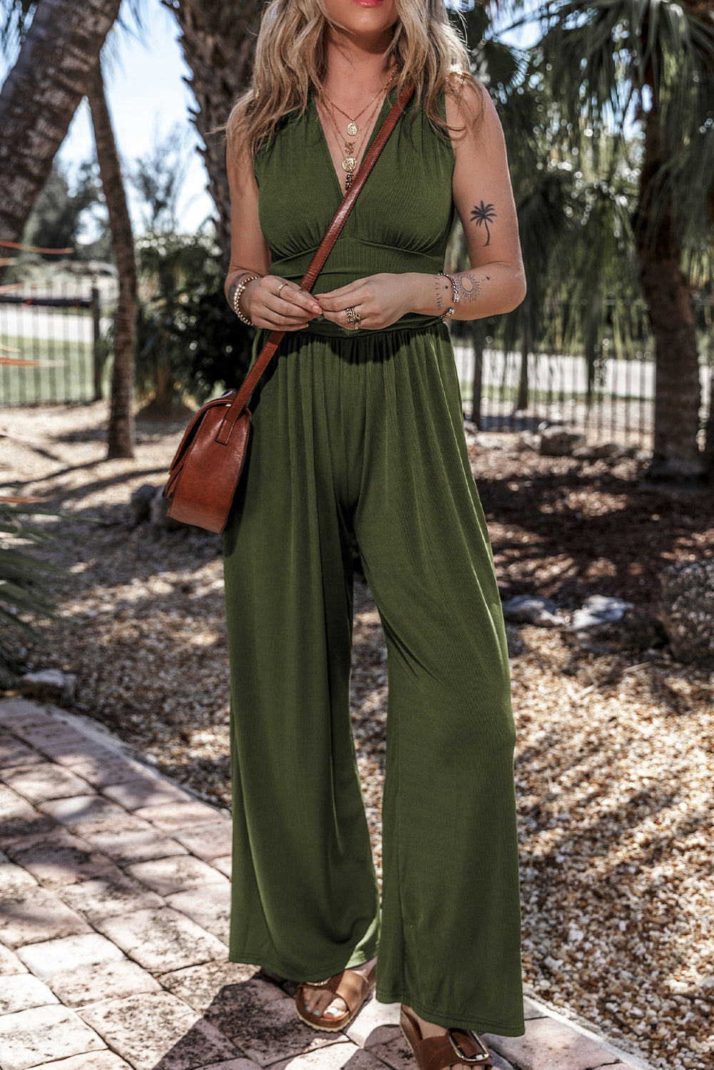 Ruched Sleeveless Wide Leg Jumpsuit