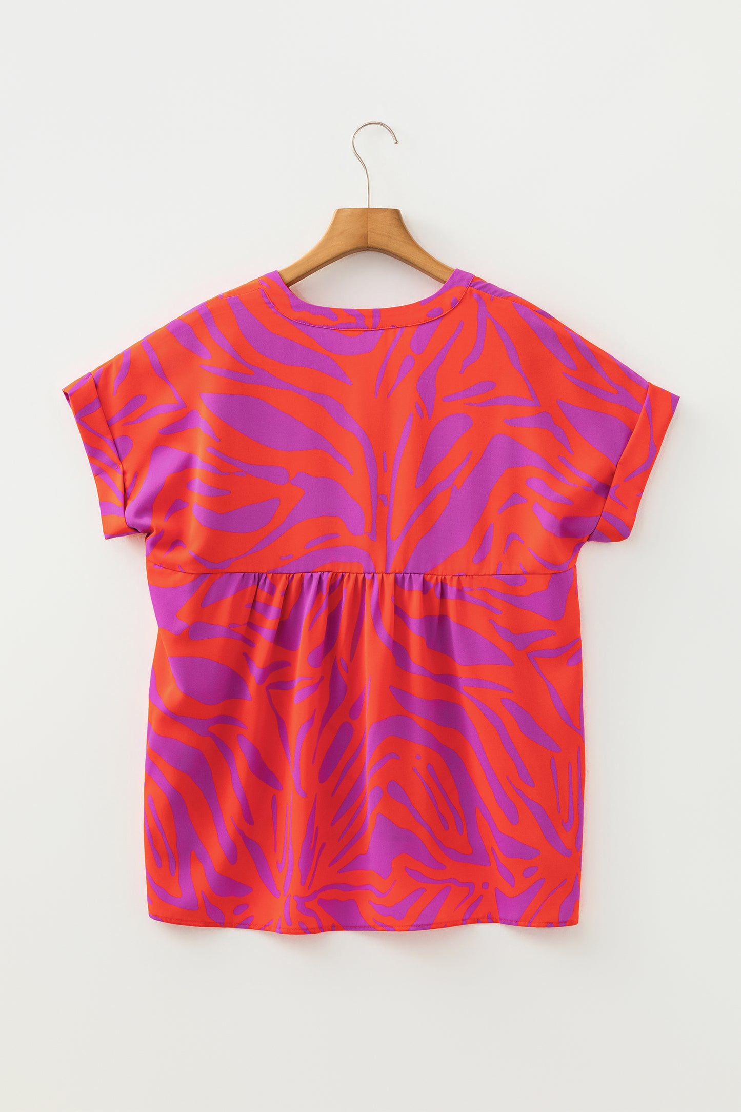 Abstract V-Neck Cuffed Short Sleeve Blouse