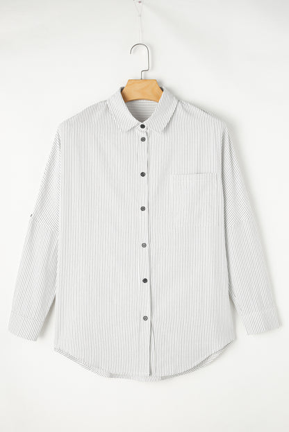 Stripe Roll-Tab Sleeve Pocketed Shirt