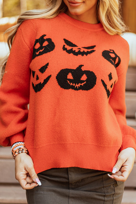 Halloween Pumpkin Face Drop Shoulder Sweater