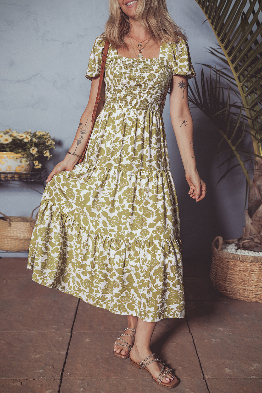 Boho Floral Smocked Square Neck Puff Sleeve Dress