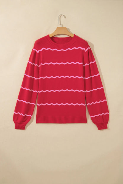 Wavy Stripe Round Neck Long Sleeve Sweater