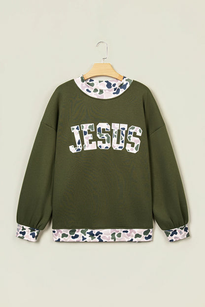 JESUS/MALLARD Letter Print Contrast Mock Neck Sweatshirt