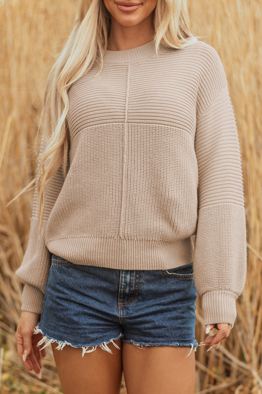 Ribbed Patchwork Textured Knit Puff Sleeve Sweater