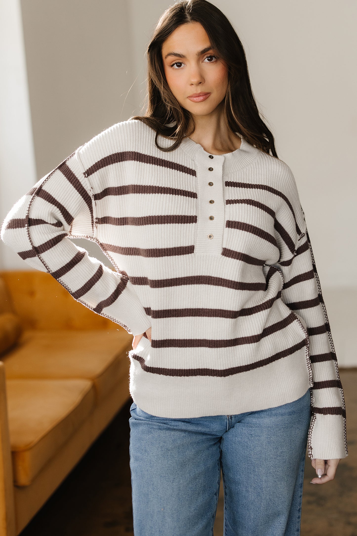 Stripe Ribbed Slouchy Drop Shoulder Henley Sweater