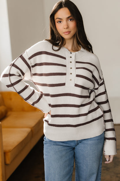 Stripe Ribbed Slouchy Drop Shoulder Henley Sweater