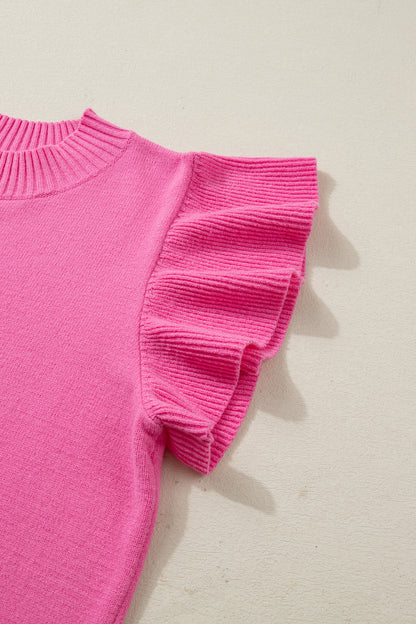 Solid Ruffle Sleeve Round Neck Ribbed Sweater