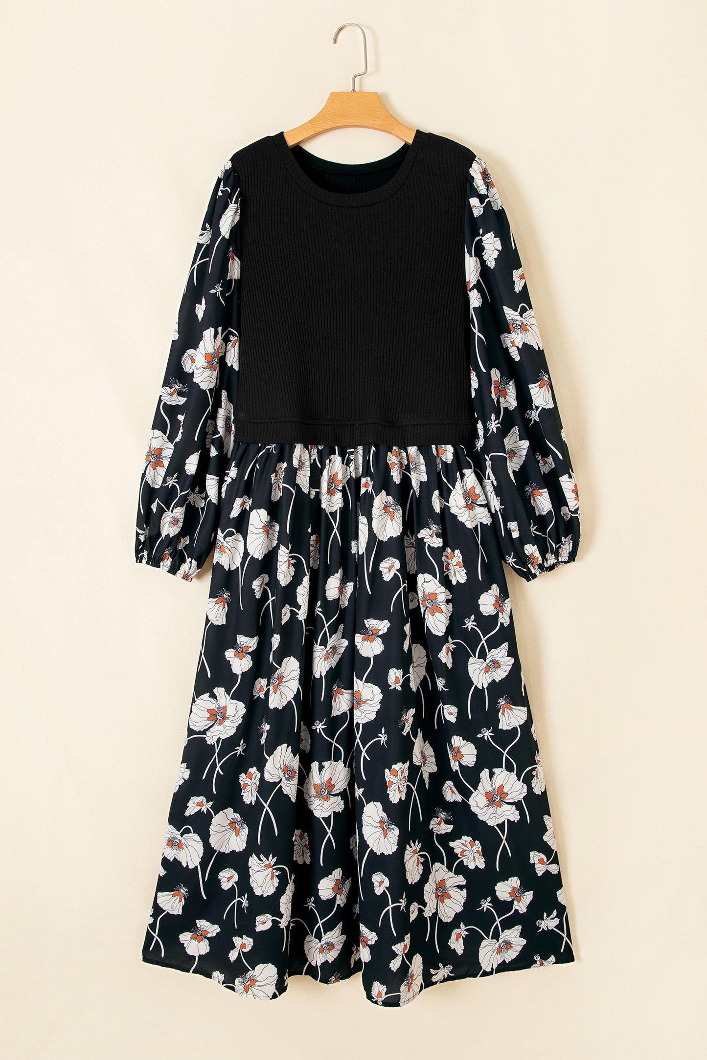 Plus Size Floral Ribbed Patchwork Long Sleeve Midi Dress