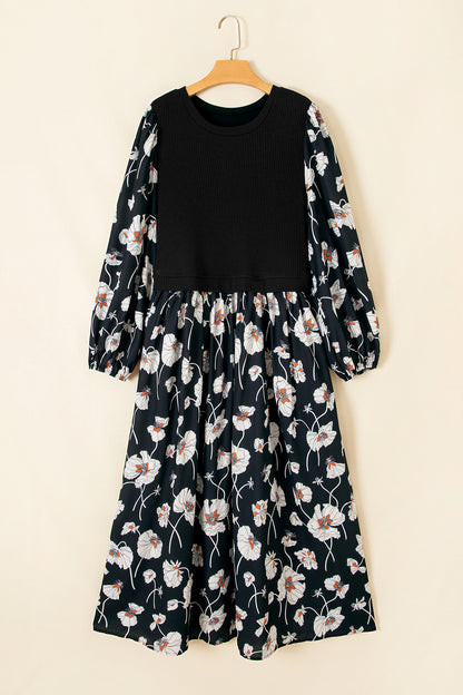 Plus Size Floral Ribbed Patchwork Long Sleeve Midi Dress