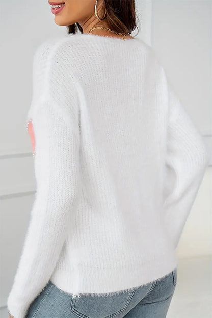 Heart Pearl Beaded V-Neck Sweater