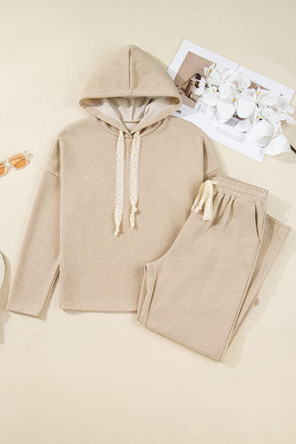 Solid Corduroy Lace Hoodie and Pants Set