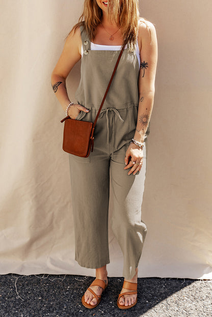 Button Straps Drawstring Cropped Overall