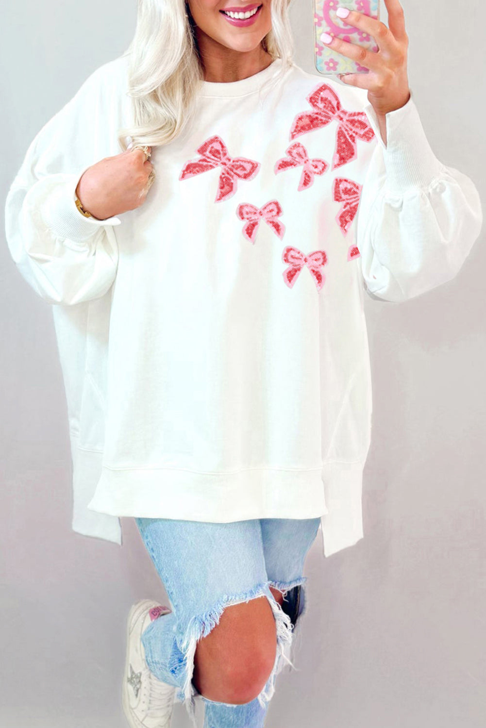 Sequin Bow High Low Sweatshirt