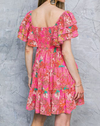 Floral Ruffle Sleeve Tiered Dress