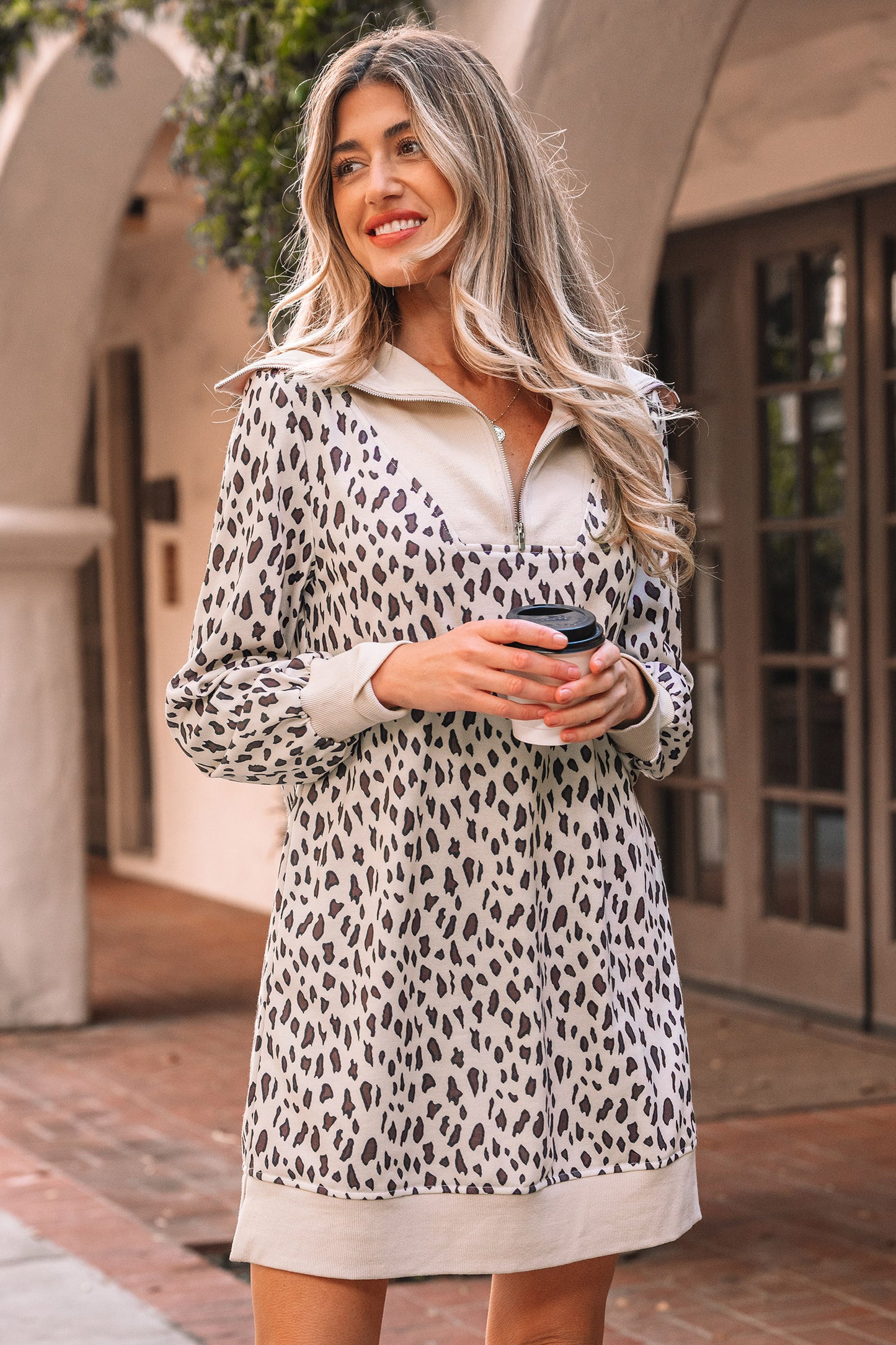 Leopard Patchwork Zip-Up Collar Mini Dress