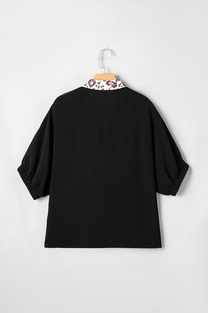 Leopard Patchwork Dolman Sleeve V-Neck Blouse