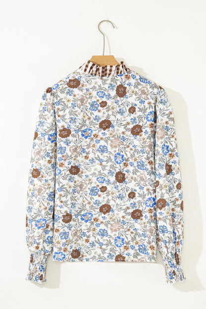 Floral Plaid Frilled Trim Long Sleeve Blouse
