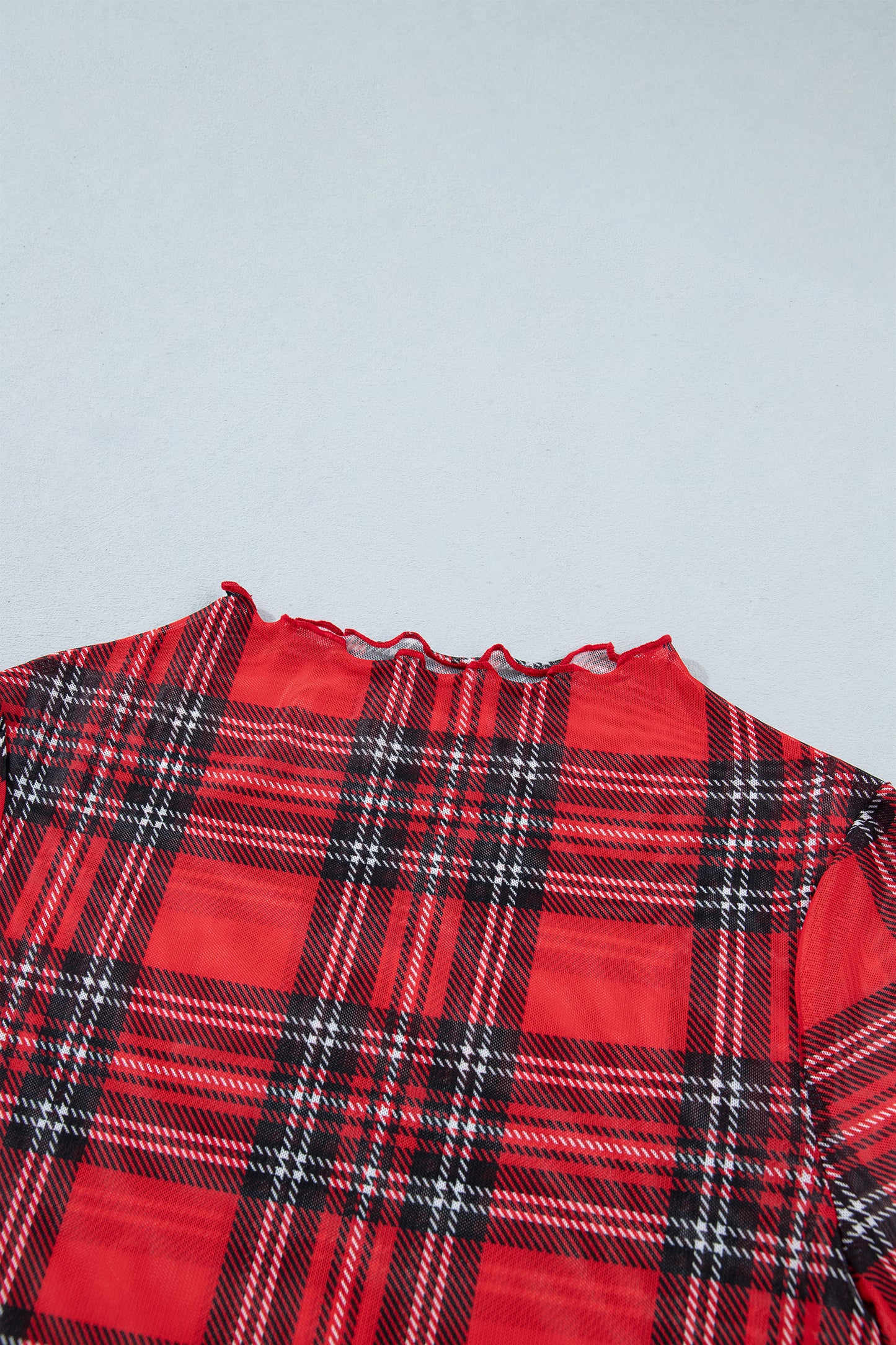 Plaid Mesh Lettuce Trim Long Sleeve Top