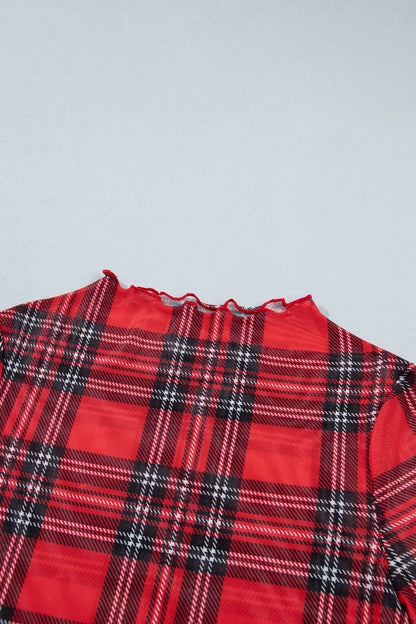 Plaid Mesh Lettuce Trim Long Sleeve Top