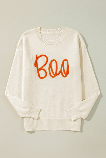 Halloween Boo Drop Shoulder Ribbed Trim Sweater