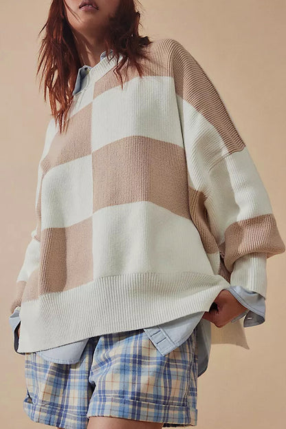 Checker Side Slit Oversized Sweater