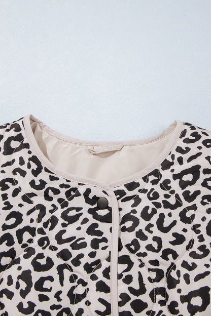 Leopard Patch Pocket Quilted Button Up Jacket