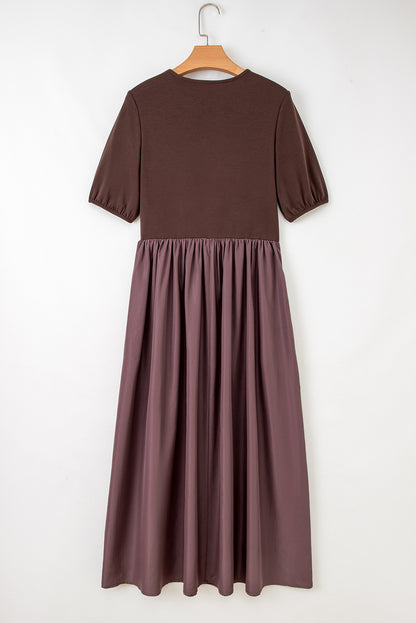 Patchwork Knit Short Sleeve Pleated Maxi Dress