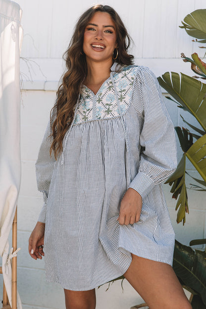 Stripe Floral Patchwork Tied V-Neck Mini Dress