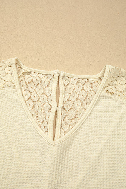 Lace Patchwork Buttoned Cutout Waffle Knit Blouse