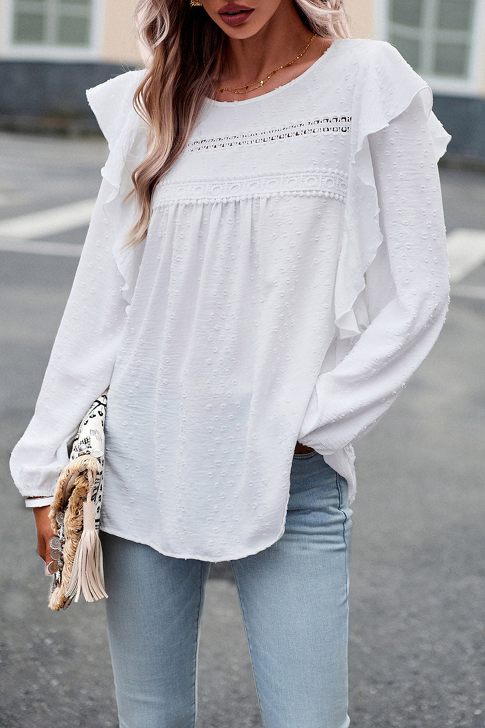 Eyelet Ruffle Lantern Sleeve Blouse