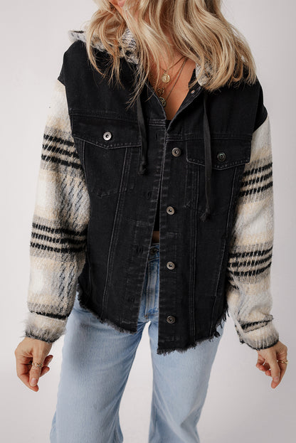 Plaid Denim Patchwork Hooded Jacket