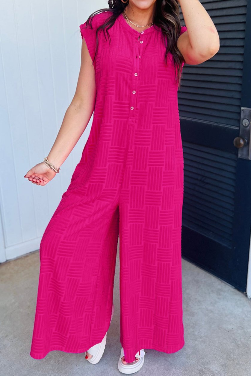 Textured Sleeveless Button Front Jumpsuit