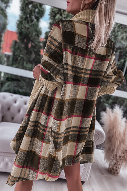 Plaid Ribbed Open Front Cardigan